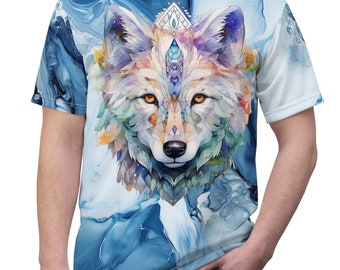 Unisex Lightweight Short Sleeve Tee, Boho Bejeweled Wolf Tee Shirt, Bohemian Apparel, Unisex AOP Tee, S-3XL Sizes, Hippie Animal Shirt