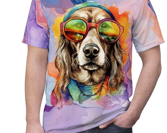 Unisex Lightweight Short Sleeve Tee, Boho Hippie Dog Tee Shirt, Bohemian Apparel, Unisex AOP Tee, S-3XL Sizes, Animal Tee Shirt