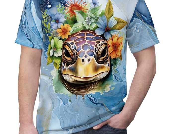 Unisex Lightweight Short Sleeve Tee, Boho Floral Turtle Tee Shirt, Bohemian Apparel, Unisex AOP Tee, S-3XL Sizes, Hippie Shirt