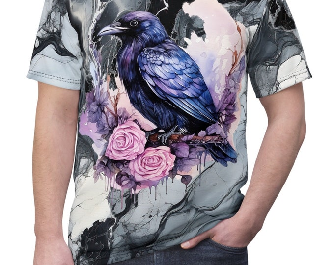 Unisex Lightweight Short Sleeve Tee, Boho Hippie Floral Crow Tee Shirt, Bohemian Apparel, Unisex AOP Tee, S-3XL Sizes, Animal Shirt