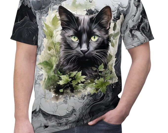 Unisex Lightweight Short Sleeve Tee, Boho Witchy Black Cat Tee Shirt, Bohemian Apparel, Unisex AOP Tee, S-3XL Sizes, Animal Shirt