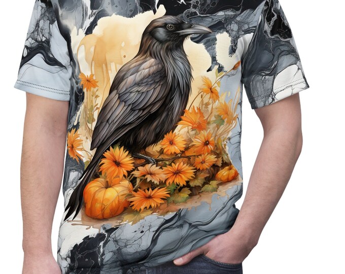 Unisex Lightweight Short Sleeve Tee, Boho Hippie Harvest Crow Tee Shirt, Bohemian Apparel, Unisex AOP Tee, S-3XL Sizes, Animal Shirt