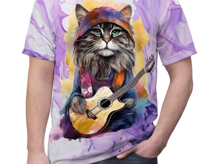 Unisex Lightweight Short Sleeve Tee, Boho Cat Playing Guitar Tee Shirt, Bohemian Apparel, Unisex AOP Tee, S-3XL Sizes, Floral Cat Shirt