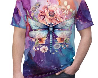Unisex Lightweight Short Sleeve Tee, Boho Floral Dragonfly Tee Shirt, Bohemian Apparel, Unisex AOP Tee, S-3XL Sizes, Boho Tee Shirt