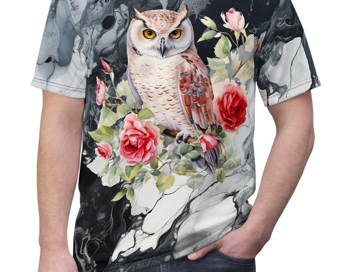 Unisex Lightweight Short Sleeve Tee, Boho Owl Animal Tee Shirt, Bohemian Apparel, Unisex AOP Tee, S-3XL Sizes, Bird Roses Shirt