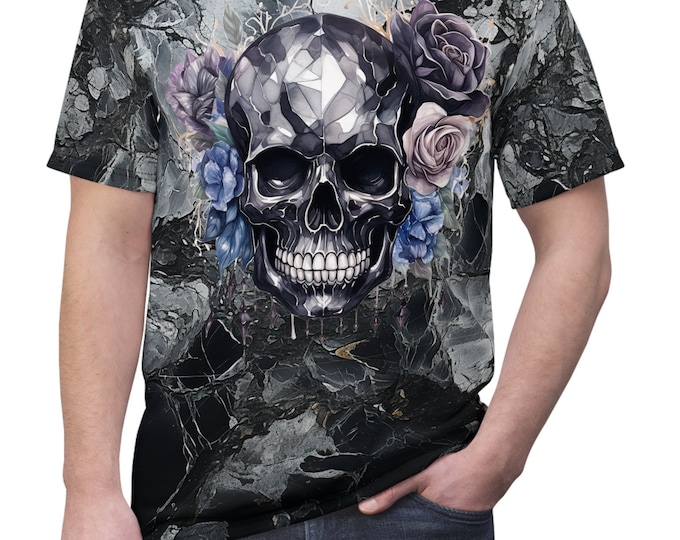 Unisex Lightweight Short Sleeve Tee, Boho Bejeweled Skull Tee Shirt, Bohemian Apparel, Unisex AOP Tee, S-3XL Sizes, Occult Tee Shirt