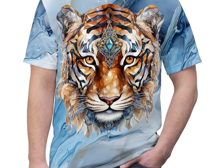 Unisex Lightweight Short Sleeve Tee, Boho Bejeweled Tiger Tee Shirt, Bohemian Apparel, Unisex AOP Tee, S-3XL Sizes, Hippie Animal Shirt