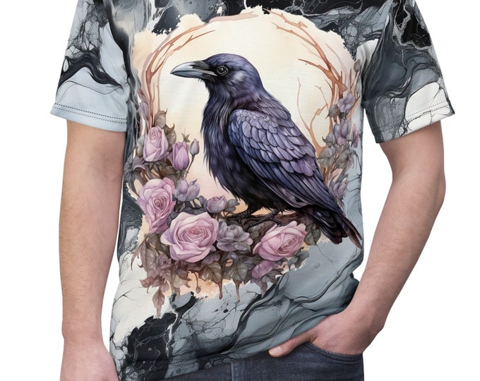 Unisex Lightweight Short Sleeve Tee, Boho Hippie Harvest Crow Tee Shirt, Bohemian Apparel, Unisex AOP Tee, S-3XL Sizes, Animal Shirt