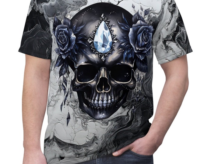 Unisex Lightweight Short Sleeve Tee, Boho Bejeweled Skull Tee Shirt, Bohemian Apparel, Unisex AOP Tee, S-3XL Sizes, Occult Shirt