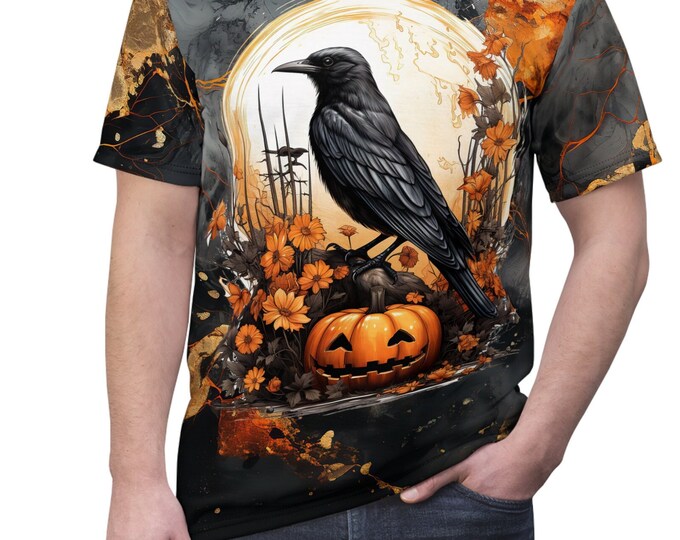 Unisex Lightweight Short Sleeve Tee, Boho Raven With Pumpkins Tee Shirt, Bohemian Apparel, Unisex AOP Tee, S-3XL Sizes, Occult Shirt