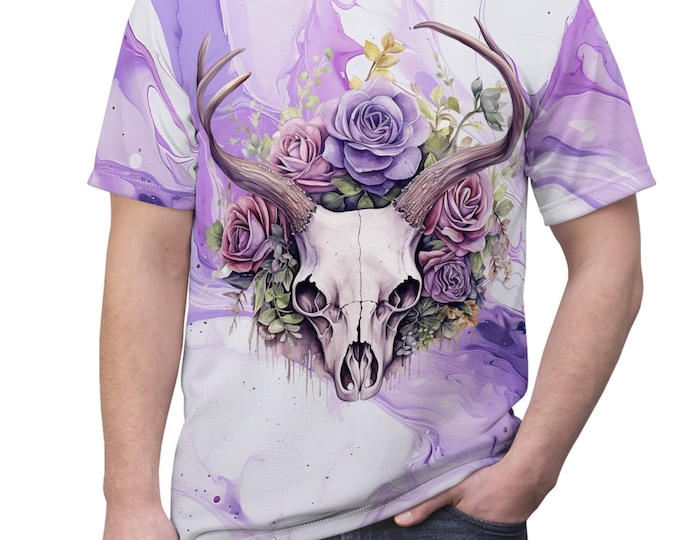 Unisex Lightweight Short Sleeve Tee, Boho Skull with Flowers Tee Shirt, Bohemian Apparel, Unisex AOP Tee, S-3XL Sizes, Deer Skull Shirt