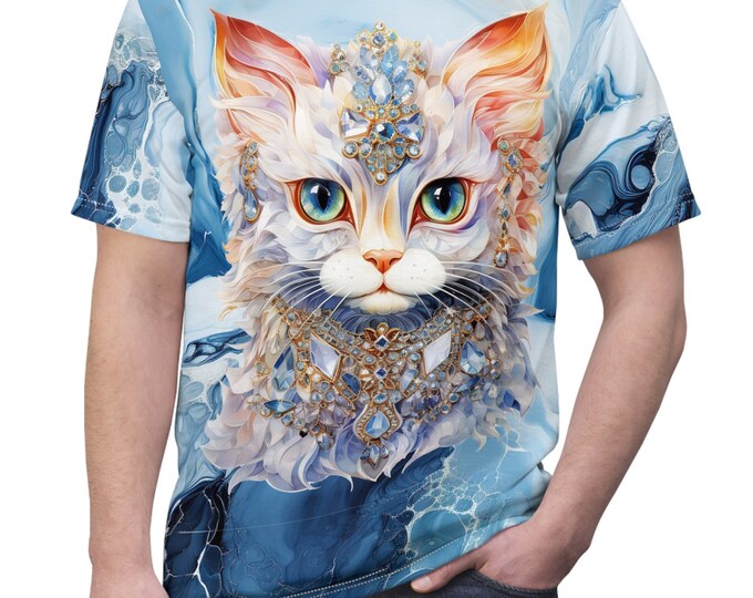 Unisex Lightweight Short Sleeve Tee, Boho Bejeweled Cat Tee Shirt, Bohemian Apparel, Unisex AOP Tee, S-3XL Sizes, Hippie Cat Shirt