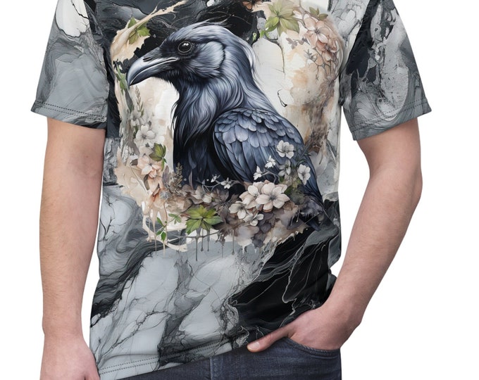 Unisex Lightweight Short Sleeve Tee, Boho Hippie Floral Crow Tee Shirt, Bohemian Apparel, Unisex AOP Tee, S-3XL Sizes, Animal Shirt