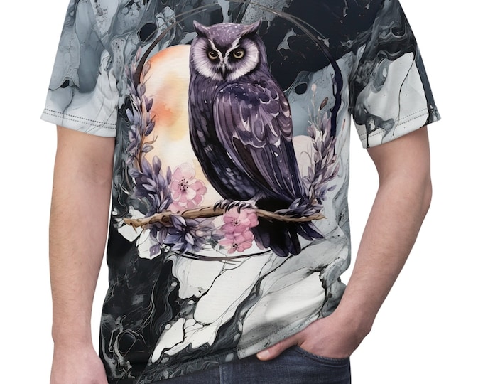 Unisex Lightweight Short Sleeve Tee, Boho Black Owl Moon Tee Shirt, Bohemian Apparel, Unisex AOP Tee, S-3XL Sizes, Occult Shirt