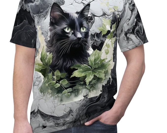 Unisex Lightweight Short Sleeve Tee, Boho Witchy Black Cat Tee Shirt, Bohemian Apparel, Unisex AOP Tee, S-3XL Sizes, Animal Shirt