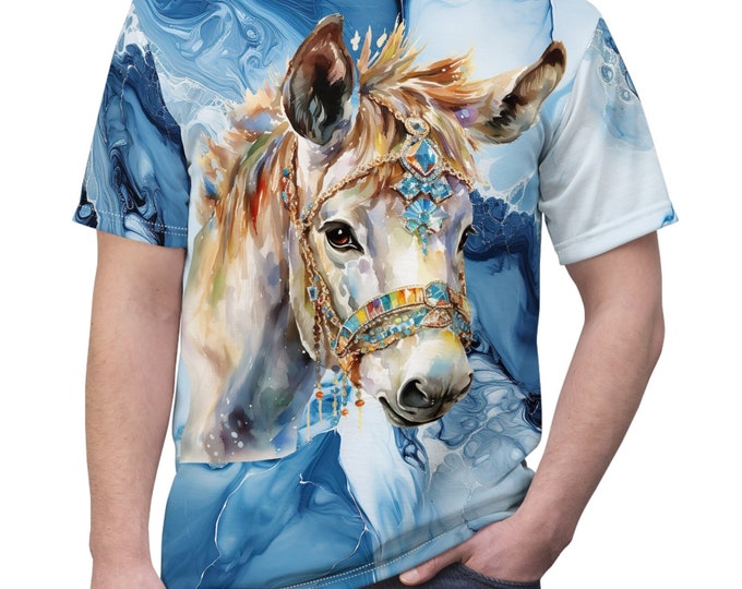 Unisex Lightweight Short Sleeve Tee, Boho Bejeweled Donkey Tee Shirt, Bohemian Apparel, Unisex AOP Tee, S-3XL Sizes, Hippie Animal Shirt