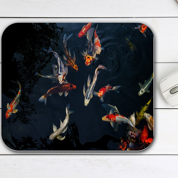 Japanese Koi Fish Art Mouse Pad, Office Desk Accessories, Tech Supplies, Boho Bohemian Hippie Rectangle Neoprene Non Slip Mouse Pad