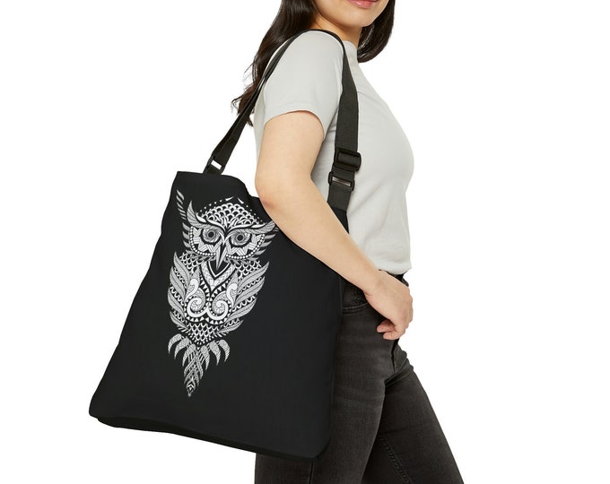 Adjustable Tote Bag, Mandala Owl Tote Bag, Large Owl Tote, Lined Tote with Pockets, Boho Bohemian Hippie Shoulder Tote Bag