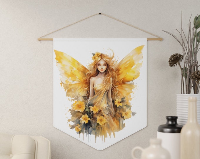 Sunflower Butterfly Fairy Wall Hanging, Pennant Wall Art, 18"x21" Inch Poly Twill Hanging Pennant, Boho Watercolor Fairy Wall Hanging