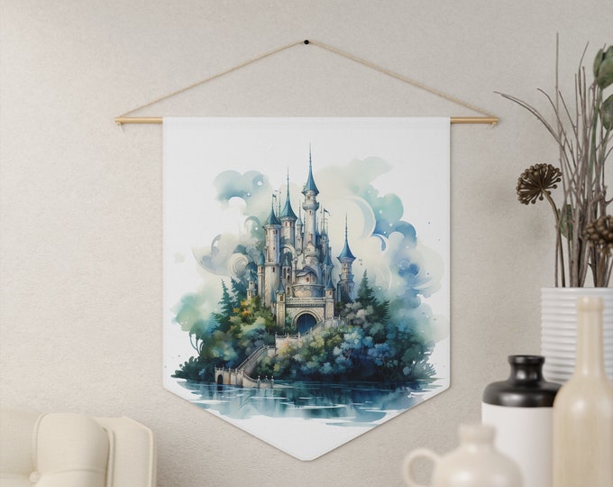 Fantasy Castle Wall Hanging, Pennant Wall Art, 18"x21" Inch Poly Twill Hanging Pennant, Boho Watercolor Castle Wall Hanging