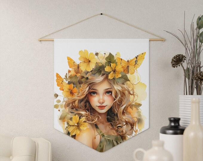 Sunflower Butterfly Fairy Wall Hanging, Pennant Wall Art, 18"x21" Inch Poly Twill Hanging Pennant, Boho Watercolor Fairy Wall Hanging