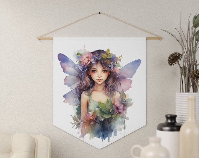 Butterfly Fairy Wall Hanging, Pennant Wall Art, 18"x21" Inch Poly Twill Hanging Pennant, Boho Watercolor Fairy Wall Hanging