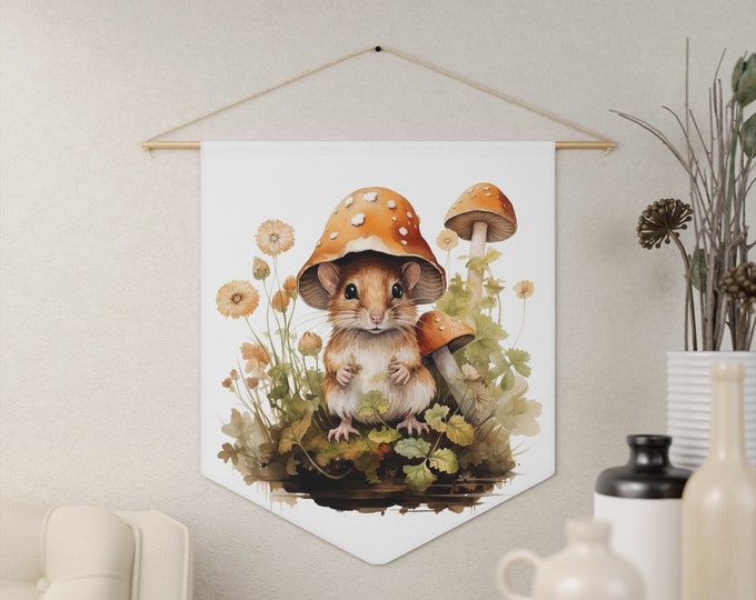 Mushrooms Mouse Wall Hanging, Pennant Wall Art, 18"x21" Inch Poly Twill Hanging Pennant, Boho Cottagecore Mouse Wall Hanging