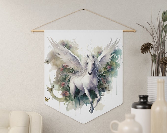 Fantasy Pegasus Wall Hanging, Pennant Wall Art, 18"x21" Inch Poly Twill Hanging Pennant, Boho Floral Horse Wall Hanging