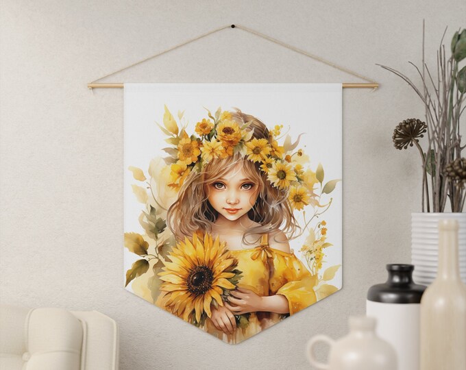 Sunflower Butterfly Fairy Wall Hanging, Pennant Wall Art, 18"x21" Inch Poly Twill Hanging Pennant, Boho Watercolor Fairy Wall Hanging