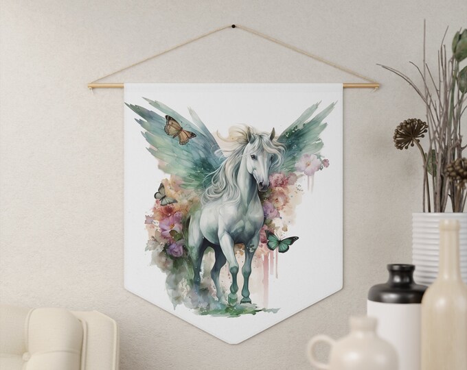 Fantasy Pegasus Wall Hanging, Pennant Wall Art, 18"x21" Inch Poly Twill Hanging Pennant, Boho Floral Horse Wall Hanging