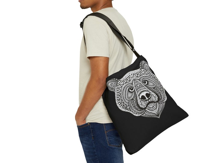 Adjustable Tote Bag, Mandala Bear Tote Bag, Large Bear Tote, Lined Tote with Pockets, Boho Bohemian Hippie Shoulder Tote Bag