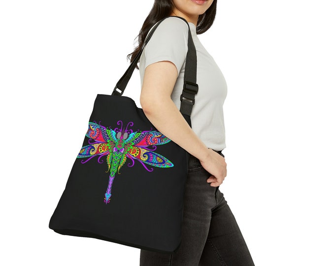 Adjustable Tote Bag, Mandala Butterfly Tote Bag, Large Butterfly Tote, Lined Tote with Pockets, Boho Bohemian Hippie Shoulder Tote Bag