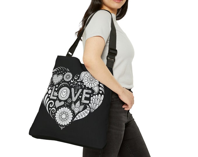 Adjustable Tote Bag, Mandala LOVE Tote Bag, Large Love Word Art Tote, Lined Tote with Pockets, Boho Bohemian Hippie Shoulder Tote Bag