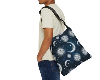Adjustable Tote Bag, Celestial Tote Bag, Large Moon Sun Stars Tote, Lined Tote with Pockets, Boho Bohemian Hippie Shoulder Tote Bag