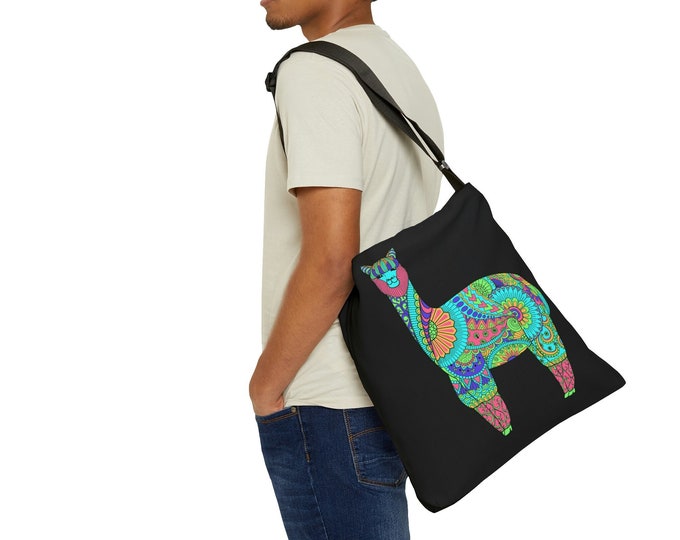 Adjustable Tote Bag, Mandala Llama Tote Bag, Large Llama Tote, Lined Tote with Pockets, Boho Bohemian Hippie Shoulder Tote Bag