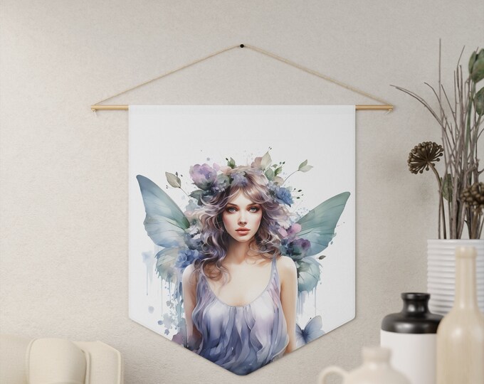 Butterfly Fairy Wall Hanging, Pennant Wall Art, 18"x21" Inch Poly Twill Hanging Pennant, Boho Watercolor Fairy Wall Hanging