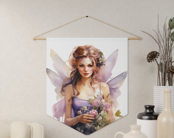 Butterfly Fairy Wall Hanging, Pennant Wall Art, 18"x21" Inch Poly Twill Hanging Pennant, Boho Watercolor Fairy Wall Hanging