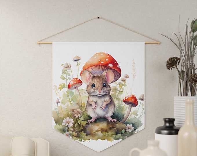 Mushrooms Mouse Wall Hanging, Pennant Wall Art, 18"x21" Inch Poly Twill Hanging Pennant, Boho Cottagecore Mouse Wall Hanging