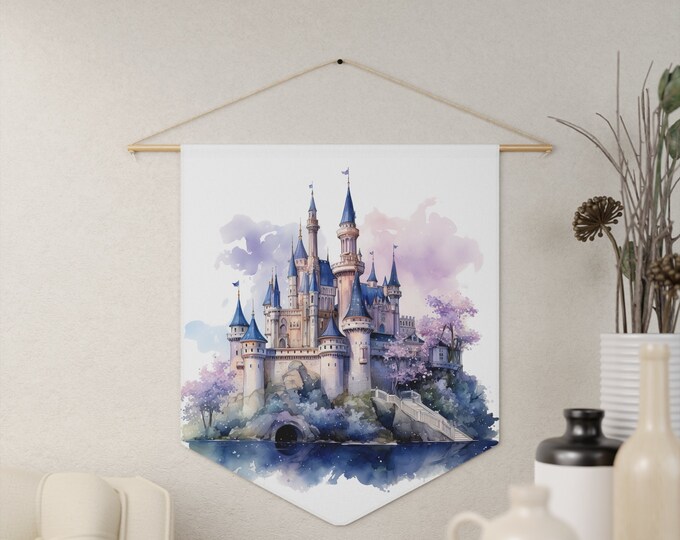 Fantasy Castle Wall Hanging, Pennant Wall Art, 18"x21" Inch Poly Twill Hanging Pennant, Boho Watercolor Castle Wall Hanging
