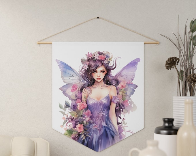 Butterfly Fairy Wall Hanging, Pennant Wall Art, 18"x21" Inch Poly Twill Hanging Pennant, Boho Watercolor Fairy Wall Hanging