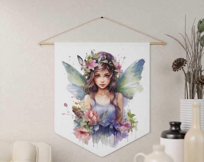 Butterfly Fairy Wall Hanging, Pennant Wall Art, 18"x21" Inch Poly Twill Hanging Pennant, Boho Watercolor Fairy Wall Hanging