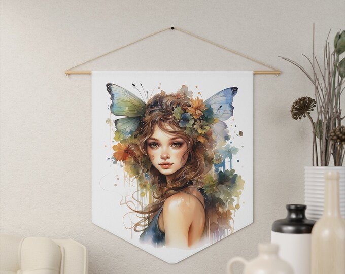 Butterfly Fairy Wall Hanging, Pennant Wall Art, 18"x21" Inch Poly Twill Hanging Pennant, Boho Watercolor Fairy Wall Hanging