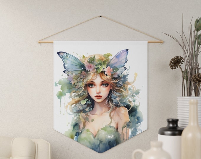 Butterfly Fairy Wall Hanging, Pennant Wall Art, 18"x21" Inch Poly Twill Hanging Pennant, Boho Watercolor Fairy Wall Hanging