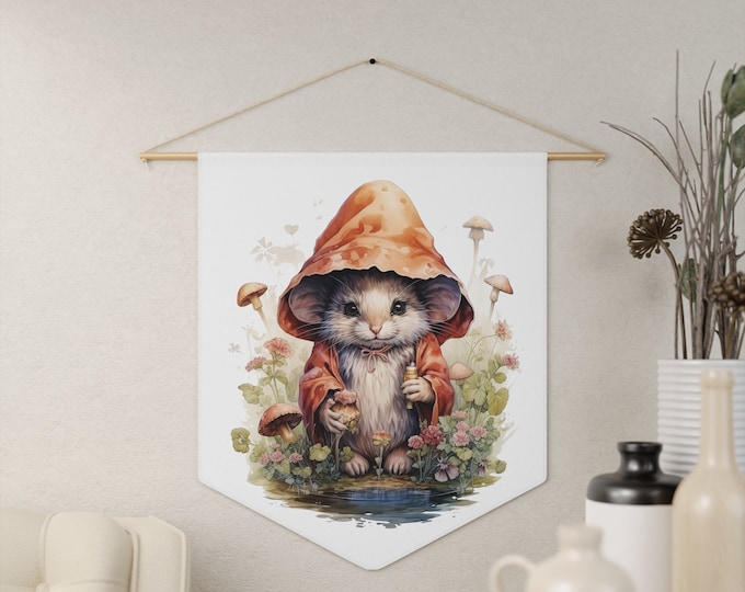 Mushrooms Mouse Wall Hanging, Pennant Wall Art, 18"x21" Inch Poly Twill Hanging Pennant, Boho Cottagecore Mouse Wall Hanging