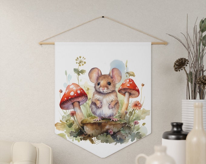 Mushrooms Mouse Wall Hanging, Pennant Wall Art, 18"x21" Inch Poly Twill Hanging Pennant, Boho Cottagecore Mouse Wall Hanging