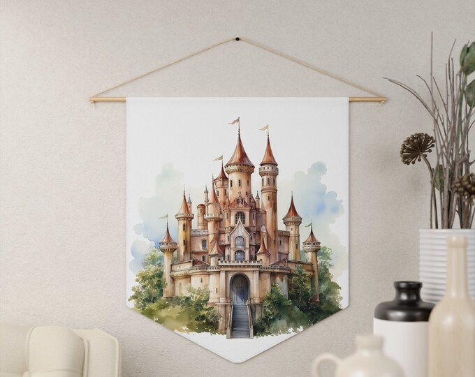 Fantasy Castle Wall Hanging, Pennant Wall Art, 18"x21" Inch Poly Twill Hanging Pennant, Boho Watercolor Castle Wall Hanging