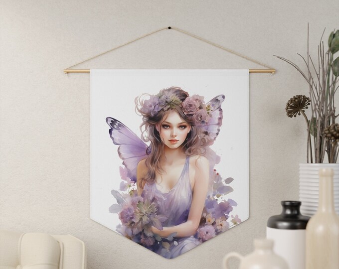 Butterfly Fairy Wall Hanging, Pennant Wall Art, 18"x21" Inch Poly Twill Hanging Pennant, Boho Watercolor Fairy Wall Hanging