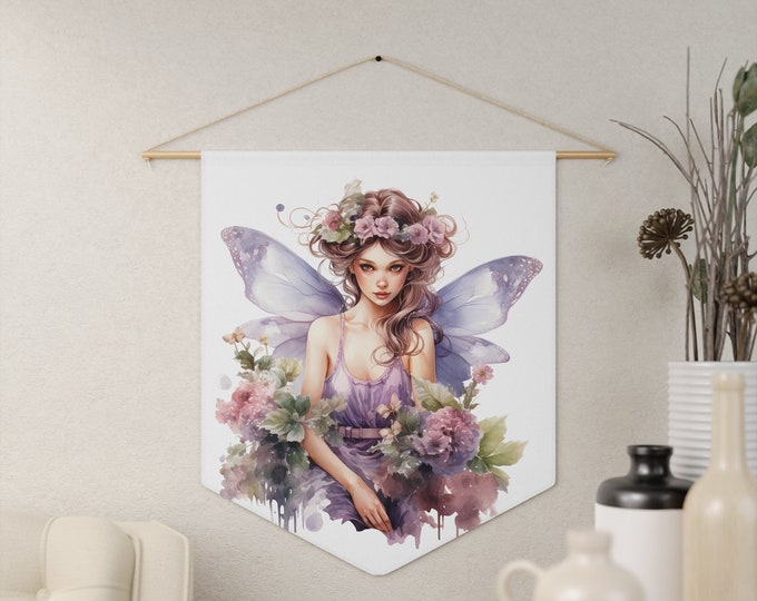 Butterfly Fairy Wall Hanging, Pennant Wall Art, 18"x21" Inch Poly Twill Hanging Pennant, Boho Watercolor Fairy Wall Hanging