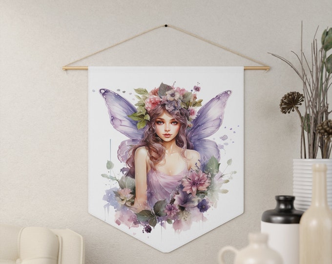 Butterfly Fairy Wall Hanging, Pennant Wall Art, 18"x21" Inch Poly Twill Hanging Pennant, Boho Watercolor Fairy Wall Hanging