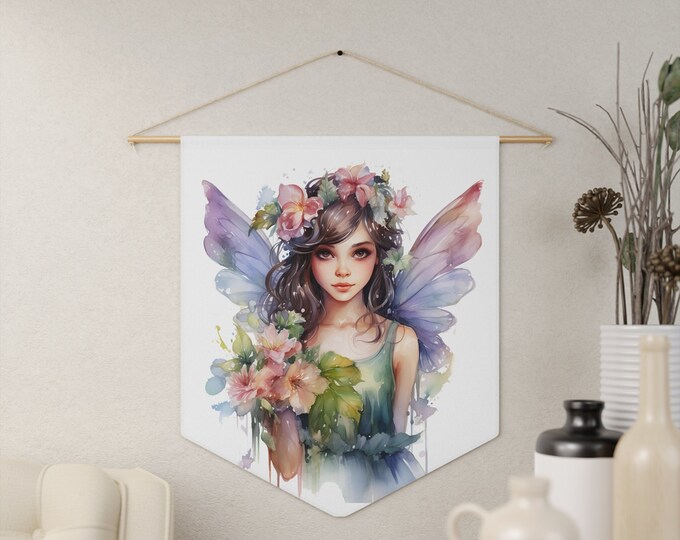 Butterfly Fairy Wall Hanging, Pennant Wall Art, 18"x21" Inch Poly Twill Hanging Pennant, Boho Watercolor Fairy Wall Hanging